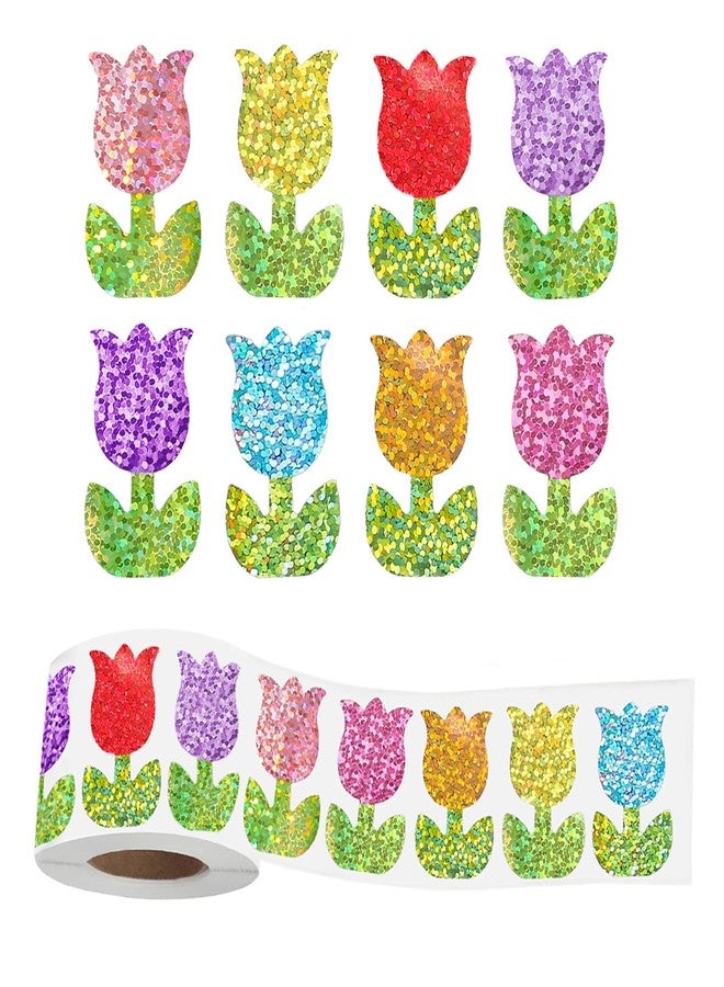 YCDMLJC 500pcs Spring Tulip Stickers,Laser Colorful Flower Stickers,1.5Inch Seal Waterproof Kids Reward,for Mother's Day, Envelopes, Gift Box Classroom - Image 1